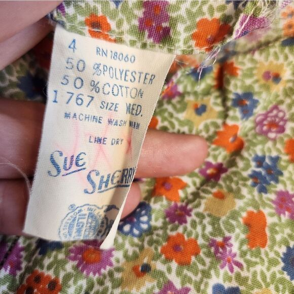 VTG 70's Sue Sherry Green Floral Retro House Coat Shift Dress Sz M - Picture 10 of 10